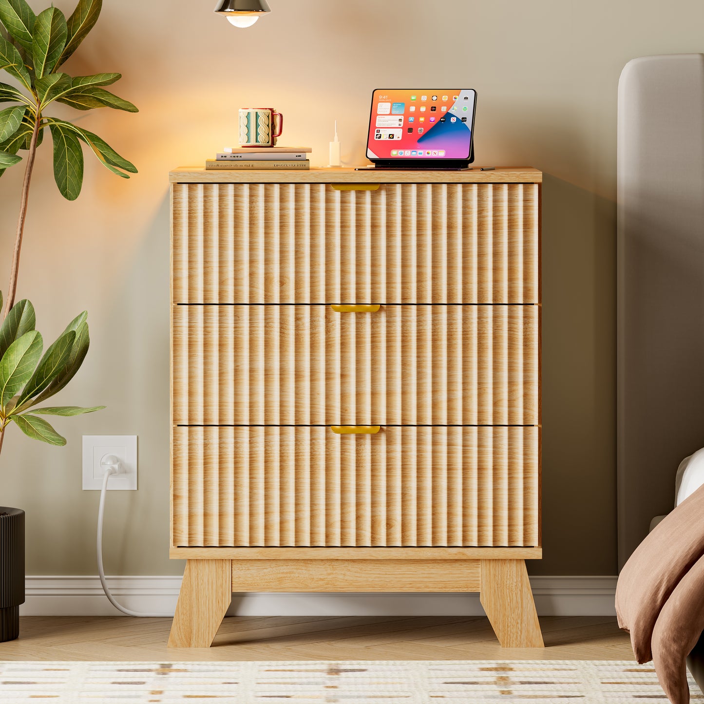 BORNOON Fluted Night Stand with 3 Drawers, Rounded Edge Bedside Table Dresser with Gold Handles, End Side Table Storage Cabinet for Bedroom