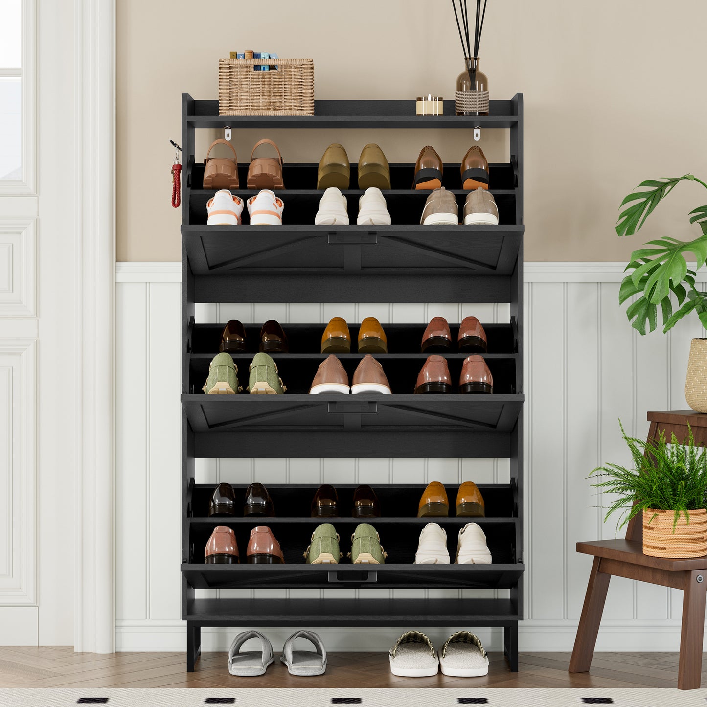 BORNOON Shoe Cabinet with 3 Flip Drawers Narrow Shoe Storage Cabinet Organizer Wooden Freestanding Shoe Rack Hidden Slim Shoes Storage Cabinet for Entryway, Hallway, Living Room, Bedroom