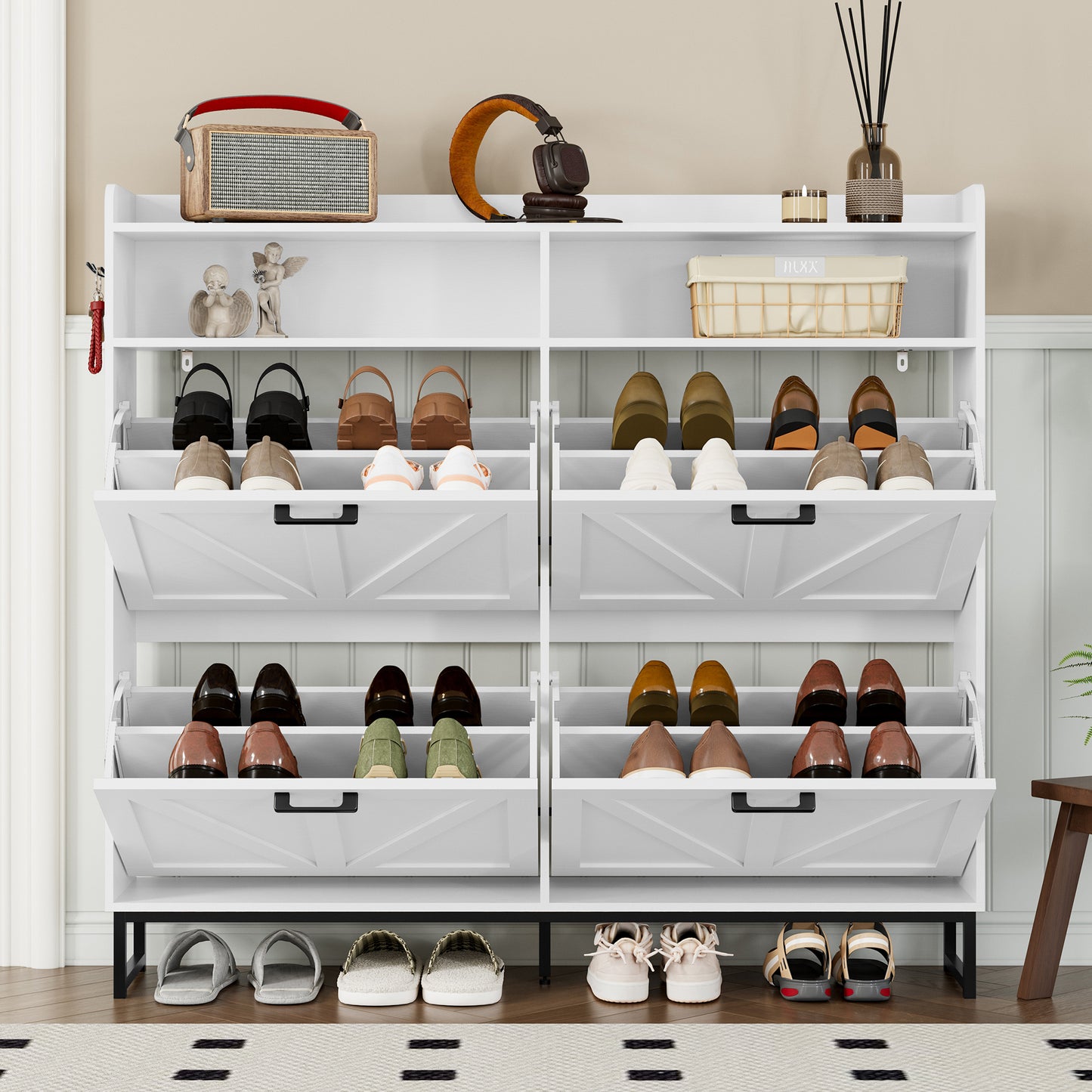 BORNOON Shoe Cabinet with 4 Flip Drawers Narrow Shoe Storage Cabinet Organizer Wooden Freestanding Shoe Rack Hidden Slim Shoes Storage Cabinet for Entryway, Hallway, Living Room, Bedroom