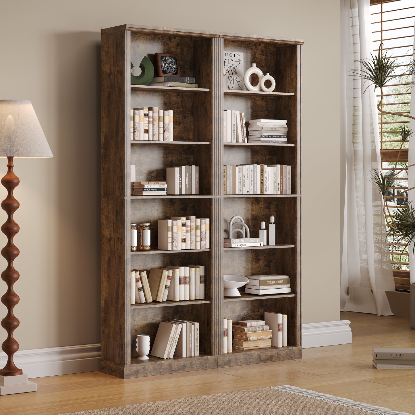 BORNOON 75" Tall Bookshelf, 6-Tier Floor Standing Bookcase with 2 Adjustable Shelves, 24" Wide Open Storage Shelf, Modern Display Organizer for Home Office, Living Room, Bedroom, Study