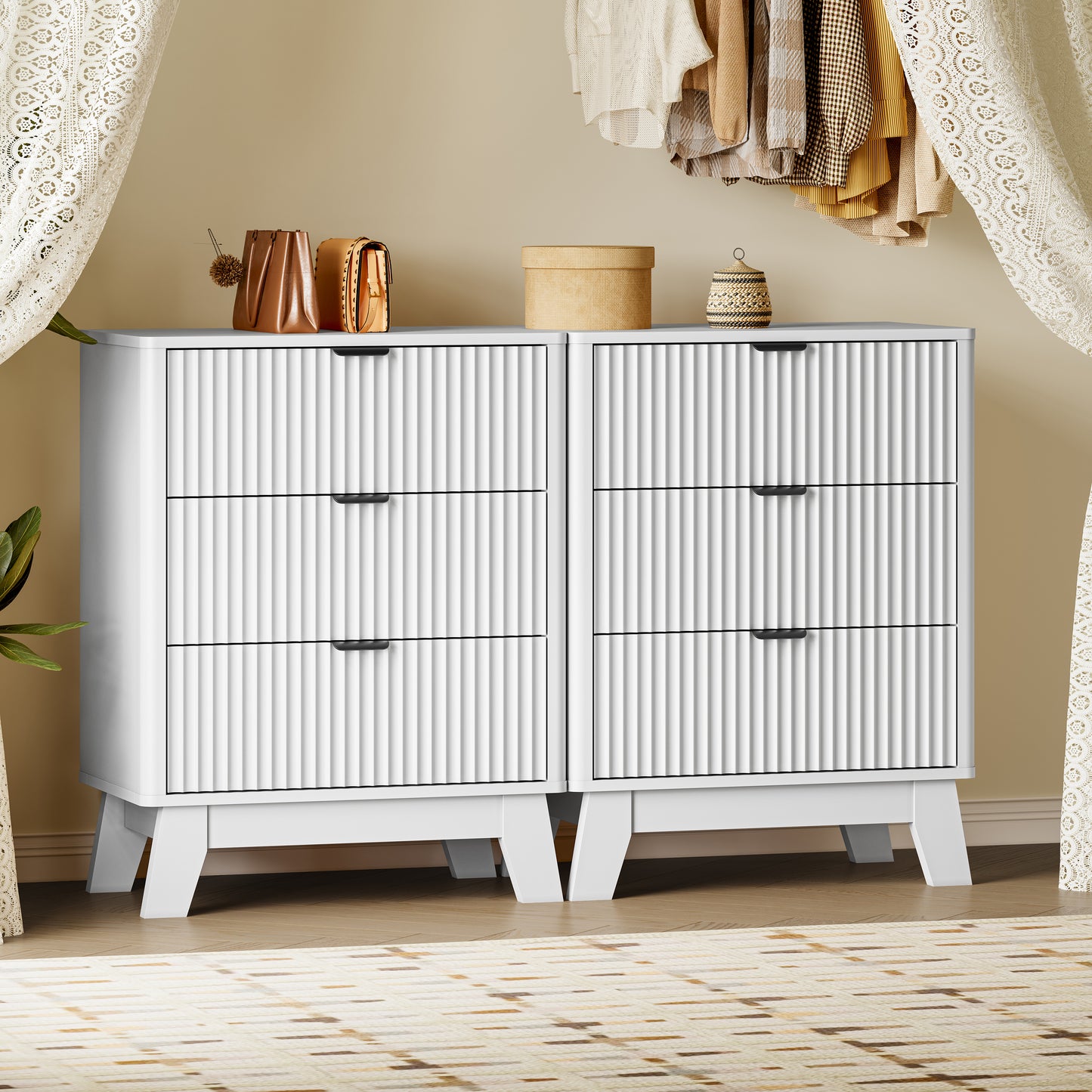 BORNOON Fluted Night Stand with Charging Station, 3 Drawer Bedside Table Dresser with Metal Handles, End Side Table Storage Cabinet for Bedroom