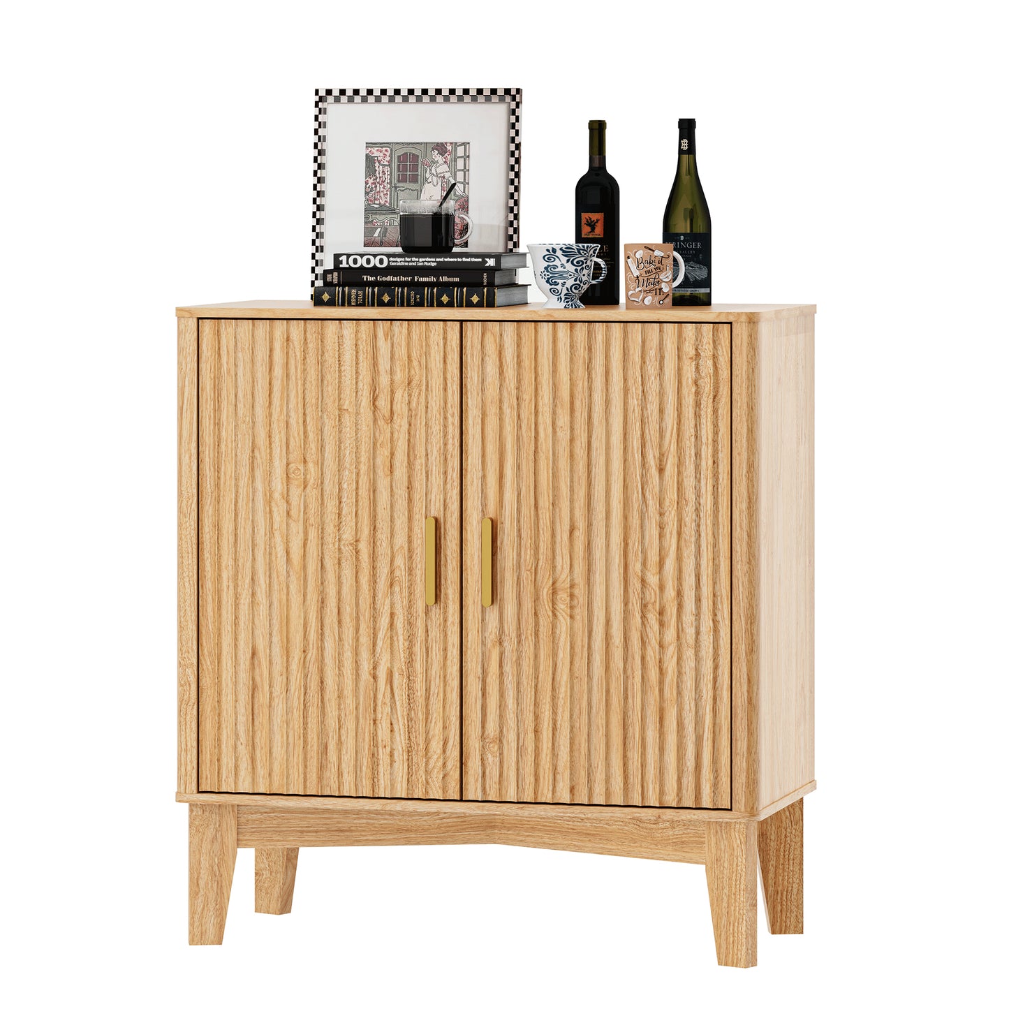 BORNOON Storage Cabinet with Doors and Adjustable Shelf, Modern Fluted Sideboard Buffet Cabinet, Freestanding Coffee Bar for Kitchen, Pantry, Entryway, Living Room (Natural Oak)