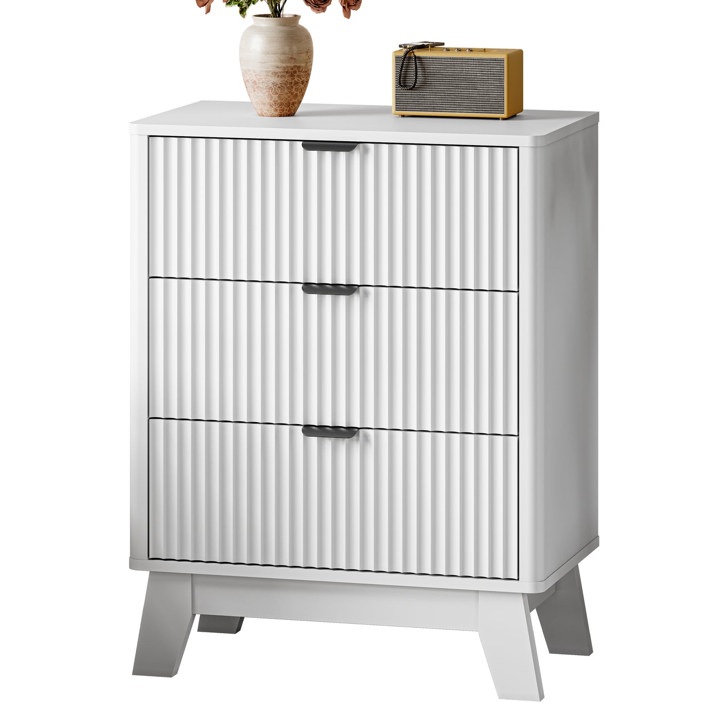 BORNOON Fluted Night Stand with Charging Station, 3 Drawer Bedside Table Dresser with Metal Handles, End Side Table Storage Cabinet for Bedroom