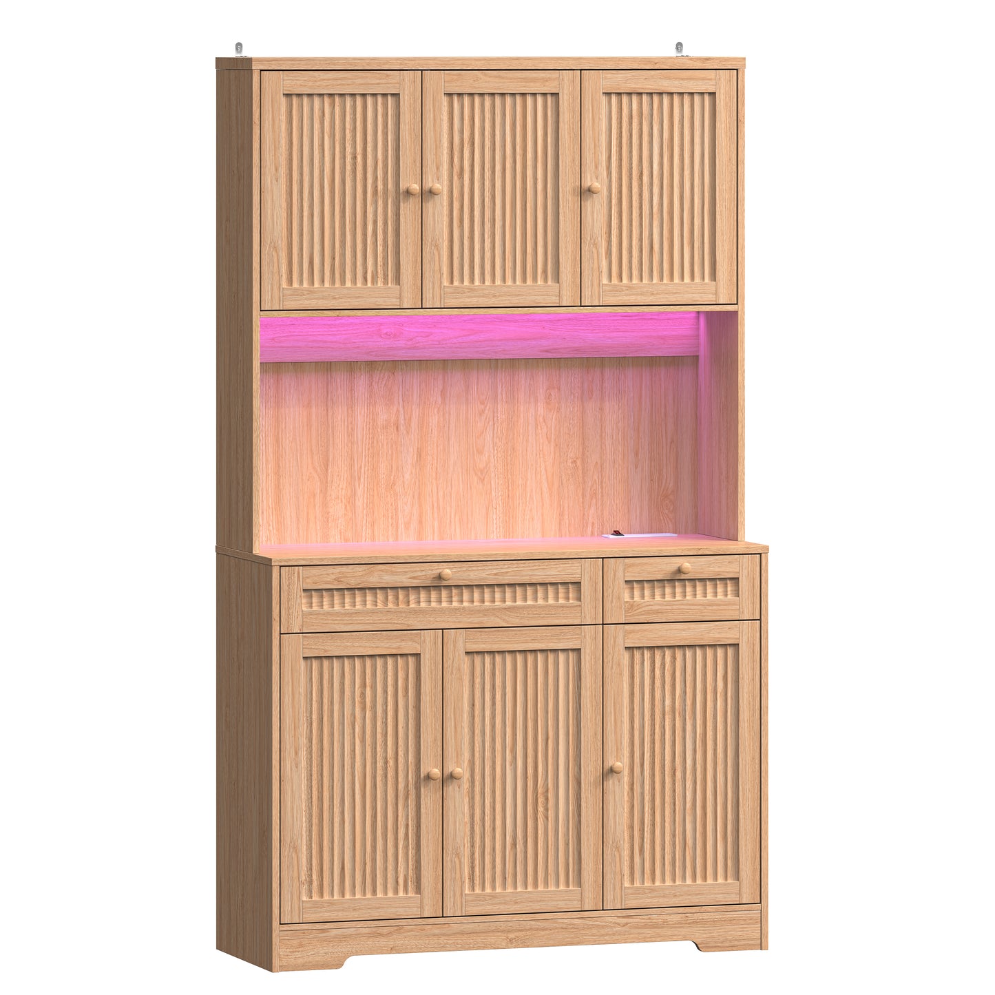 BORNOON Pantry Cabinet with Charging Station and Light, Tall Kitchen Pantry Storage Cabinet with Microwave Stand, Wide Fluted Kitchen Hutch with Storage Drawers and Adjustable Shelves for Dining Room