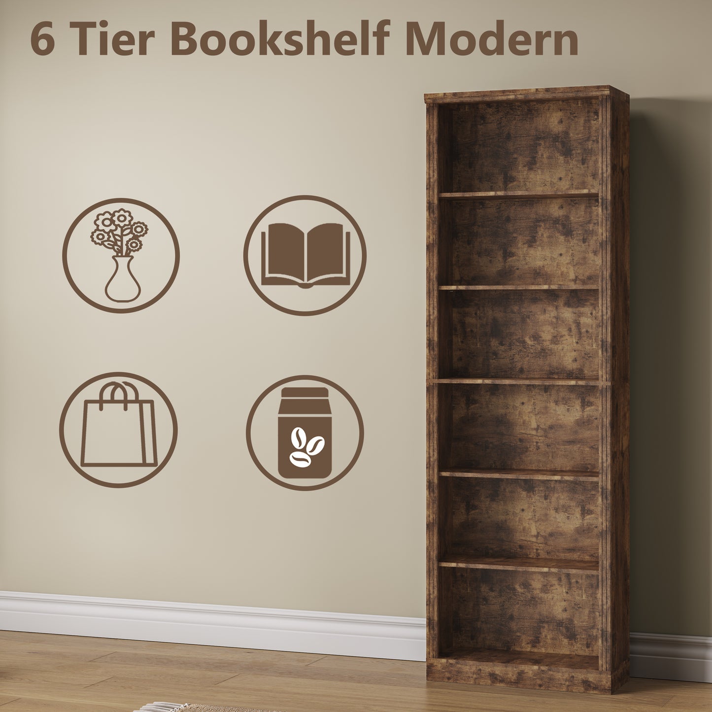 BORNOON 75" Tall Bookshelf, 6-Tier Floor Standing Bookcase with 2 Adjustable Shelves, 24" Wide Open Storage Shelf, Modern Display Organizer for Home Office, Living Room, Bedroom, Study