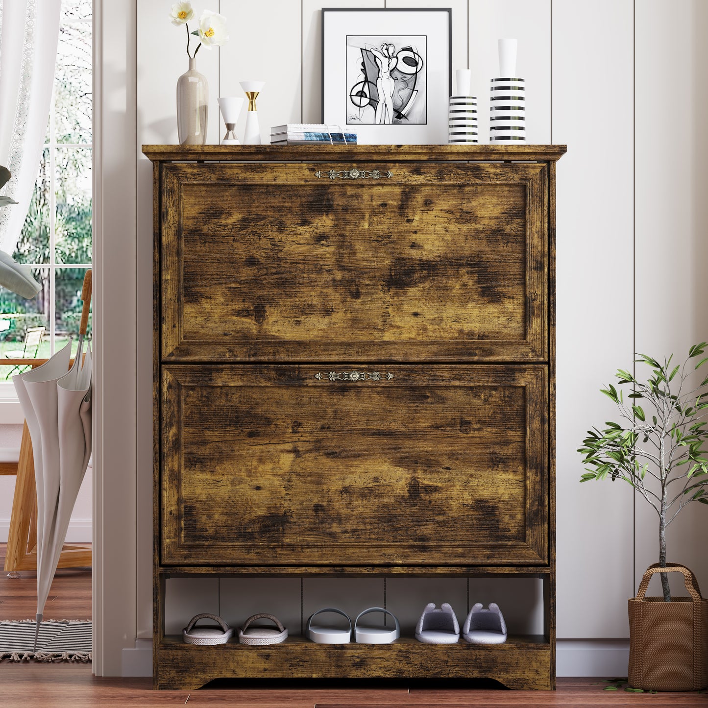 BORNOON Shoe Cabinet for Entryway, Slim Shoe Storage Cabinet with Adjustable Shelves, Wooden Rack and Organizer for Small Spaces, Closet, Foyer, Hallway