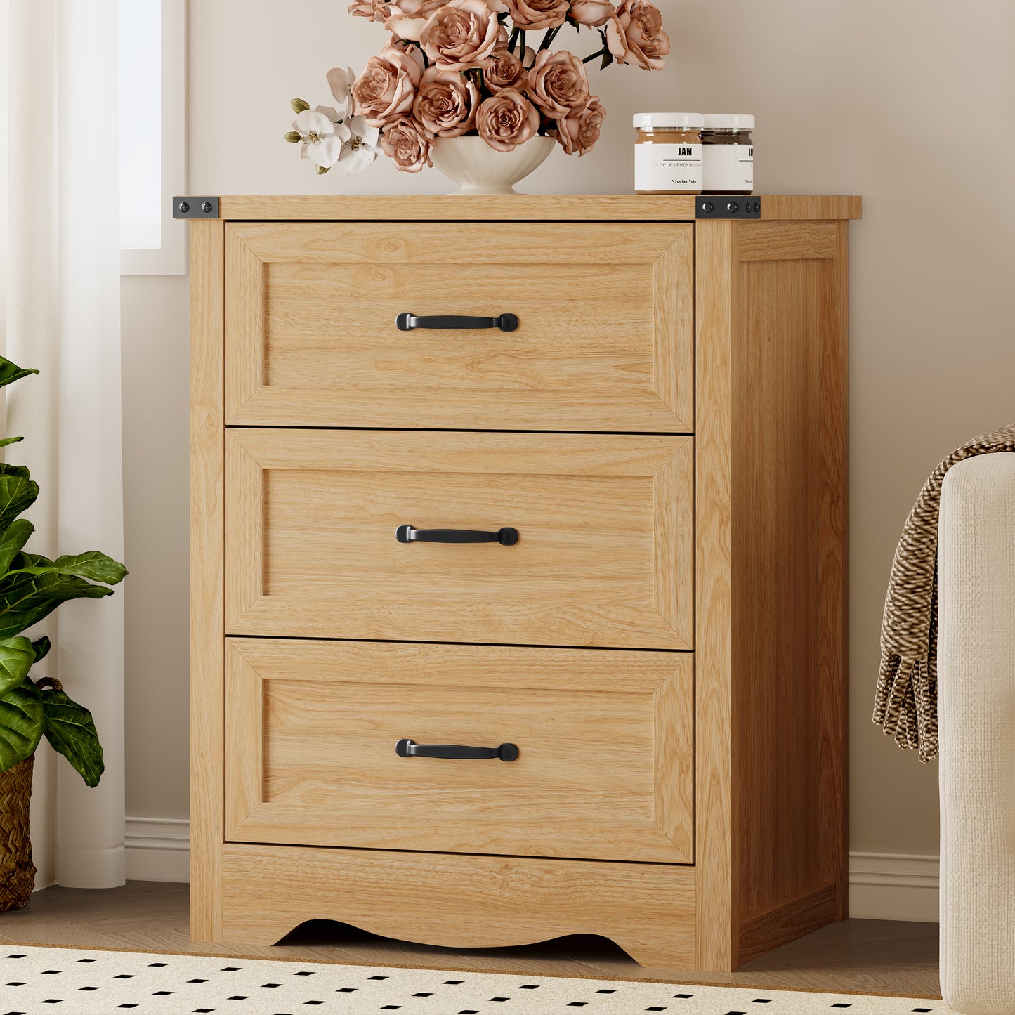 BORNOON 3-Drawer Dresser for Bedroom, Small Wooden Chest of Drawers with Metal Handles, Narrow Storage Cabinet with Anti-Tipping Design, Sturdy Dresser Organizer for Closet, Living Room, Entryway