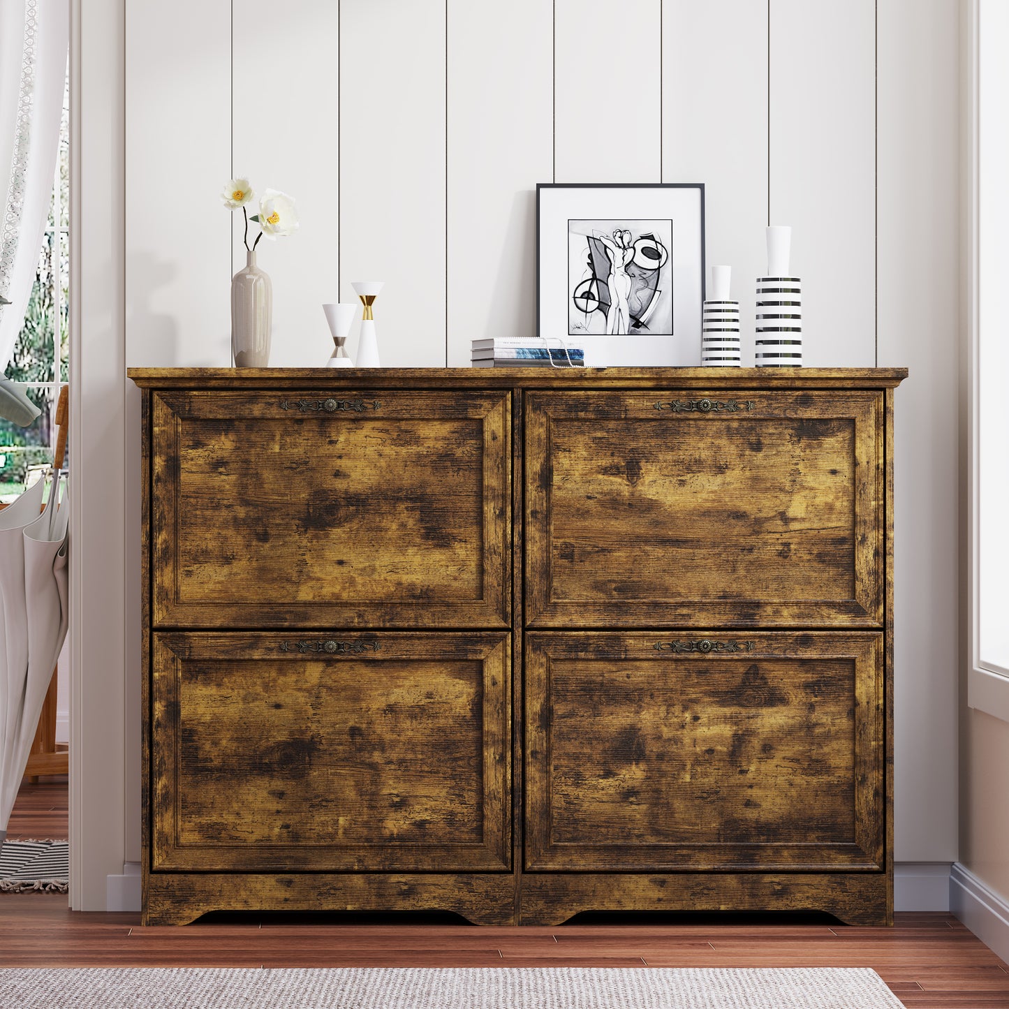 BORNOON Large Shoe Cabinet for Entryway, 4 Flip Drawer Organizer with Adjustable Shelves, Wooden Slim Shoe Storage Cabinet and Rack for Closet, Hallway, Foyer