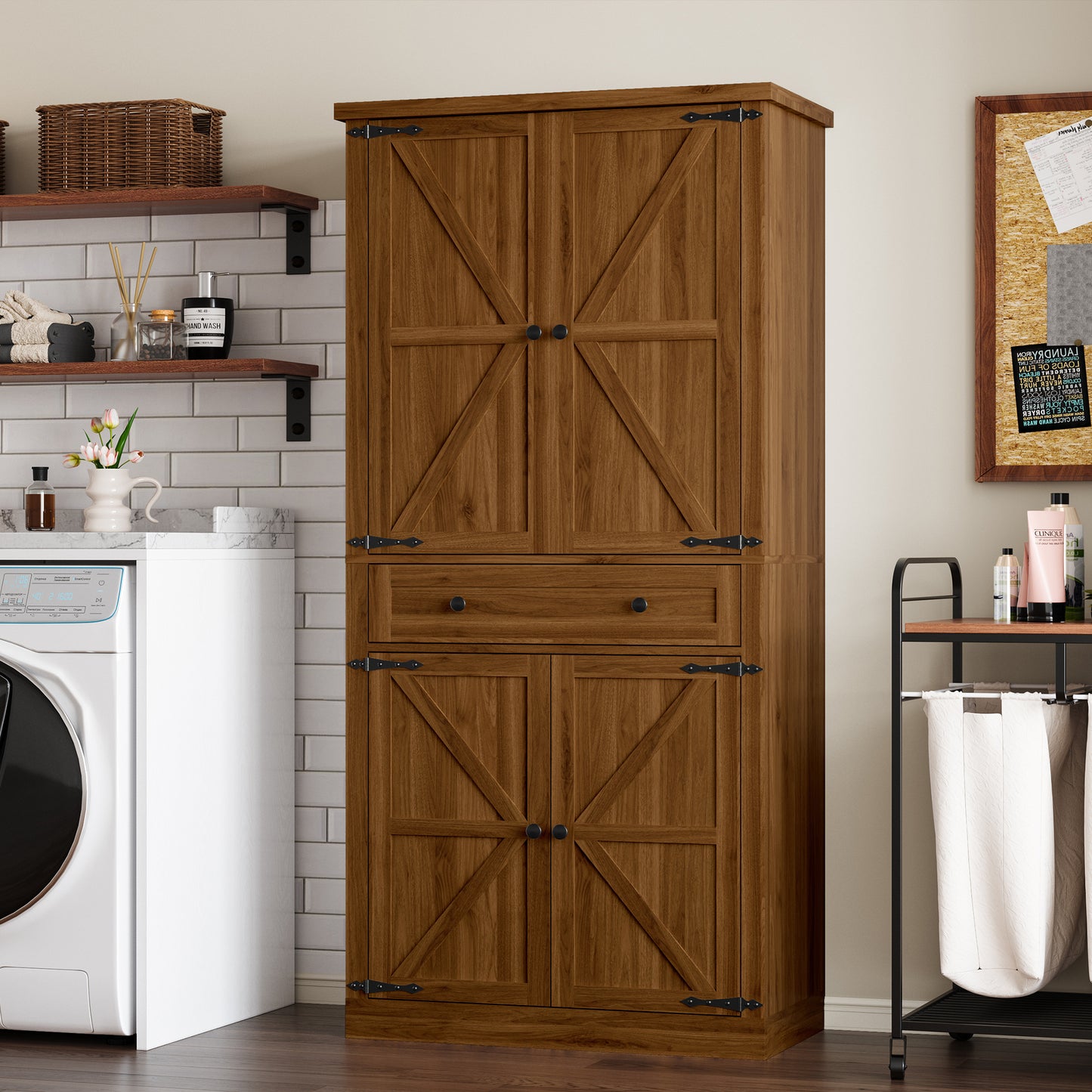BORNOON Pantry Organizers and Storage Cabinet, 67.71” Barn Door White Kitchen Cabinet with Drawers and Adjustable Shelf, Tall Pantry for Kitchen, Dining Room, Living Room