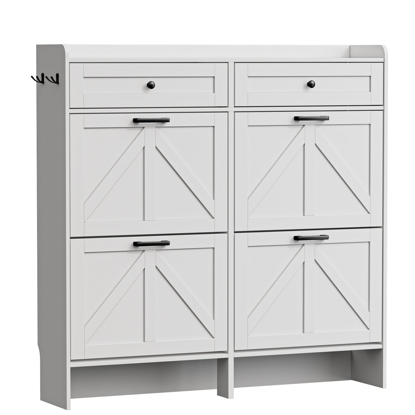 BORNOON Shoe Storage Cabinet for Entryway, Farmhouse Wide Shoe Cabinet with 4 Flip Drawers and 2 Top Drawers, Freestanding Organizer with Adjustable Shelves, Hooks, and Anti-Tip Kit for Hallway