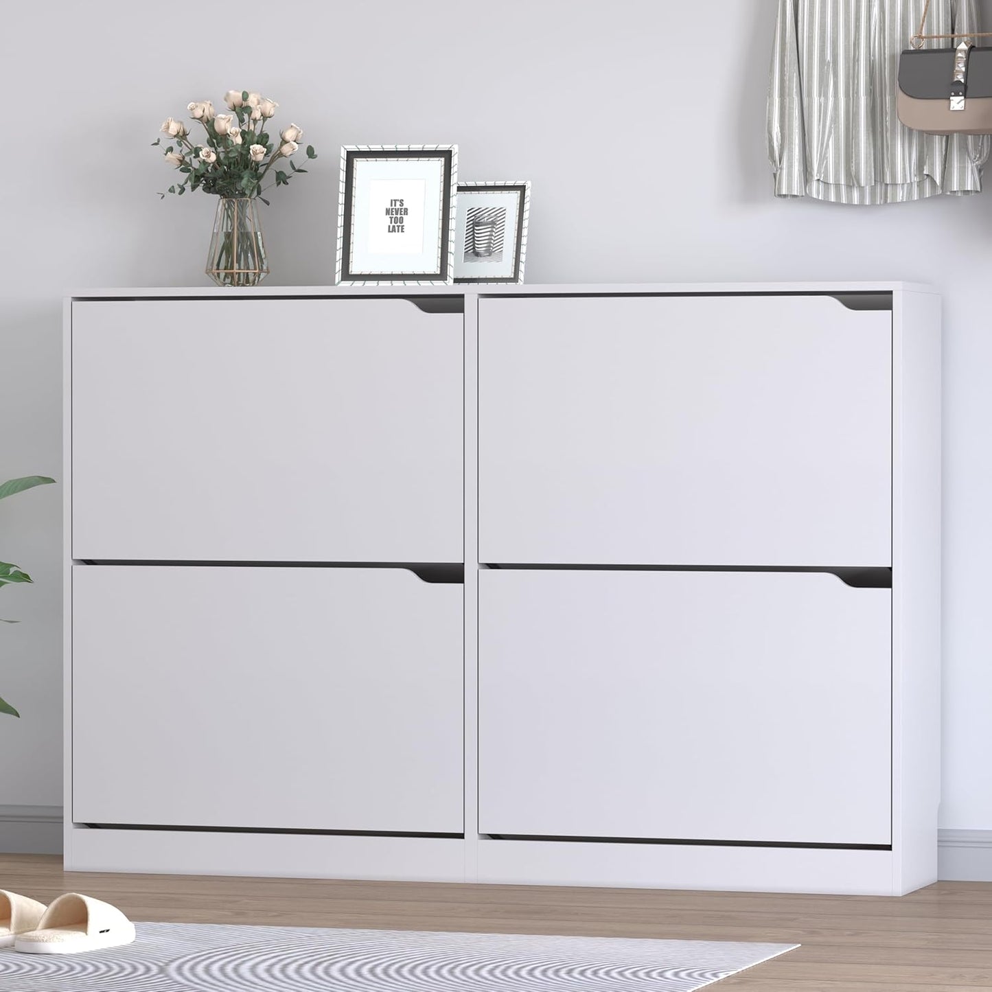 BORNOON Shoe Cabinet with 4 Flip Drawers, Narrow Hidden Shoe Storage Cabinet, Slim Freestanding Shoe Rack Organizer for Entryway, Hallway, Bedroom, Living Room