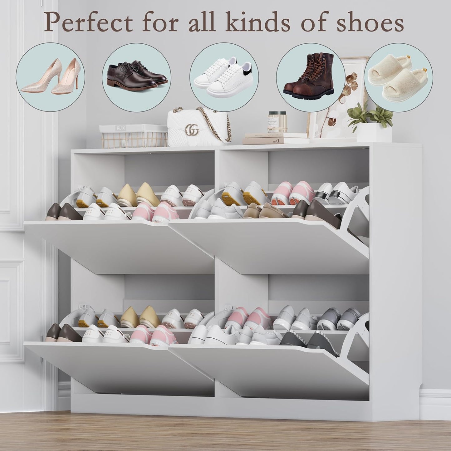 BORNOON Shoe Cabinet with 4 Flip Drawers, Narrow Hidden Shoe Storage Cabinet, Slim Freestanding Shoe Rack Organizer for Entryway, Hallway, Bedroom, Living Room
