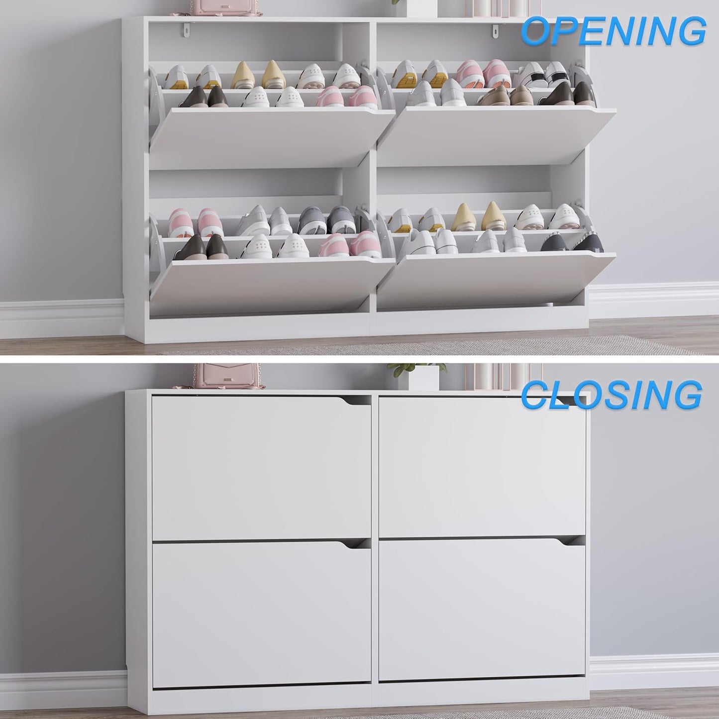 BORNOON Shoe Cabinet with 4 Flip Drawers, Narrow Hidden Shoe Storage Cabinet, Slim Freestanding Shoe Rack Organizer for Entryway, Hallway, Bedroom, Living Room