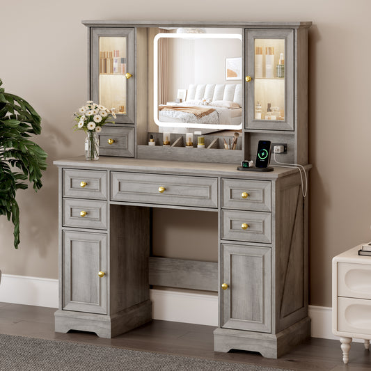 BORNOON Vanity Desk with Lights, Large LED Mirror with 3 Color Modes, Makeup Vanity with Power Outlet & USB Ports, 6 Drawers & 2 RGB Glass Cabinets, Farmhouse Dressing Table for Women & Girls (Wood)