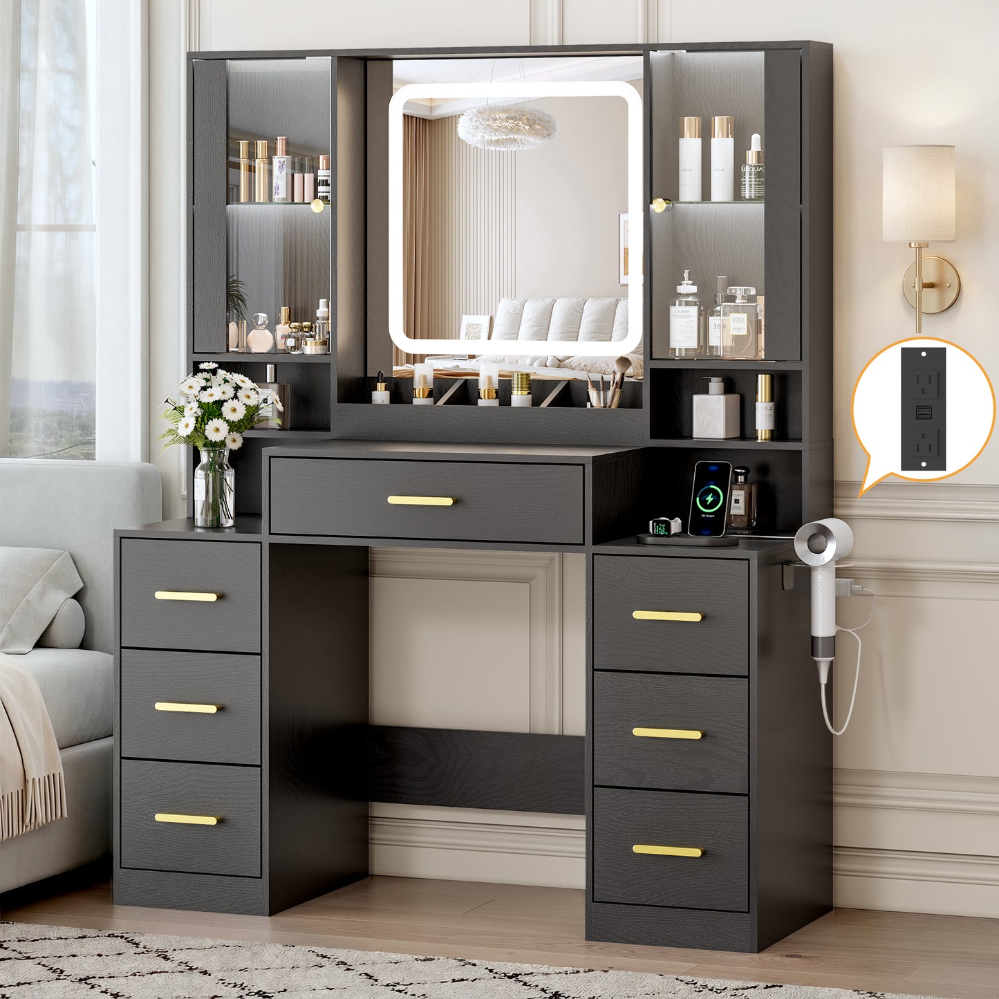 BORNOON Vanity Desk with Mirror and Lights, Makeup Vanity with 7 Drawers, 2 Glass Door Cabinets, Charging Station, Adjustable Shelves, RGB Lighting, Hair Dryer Holder