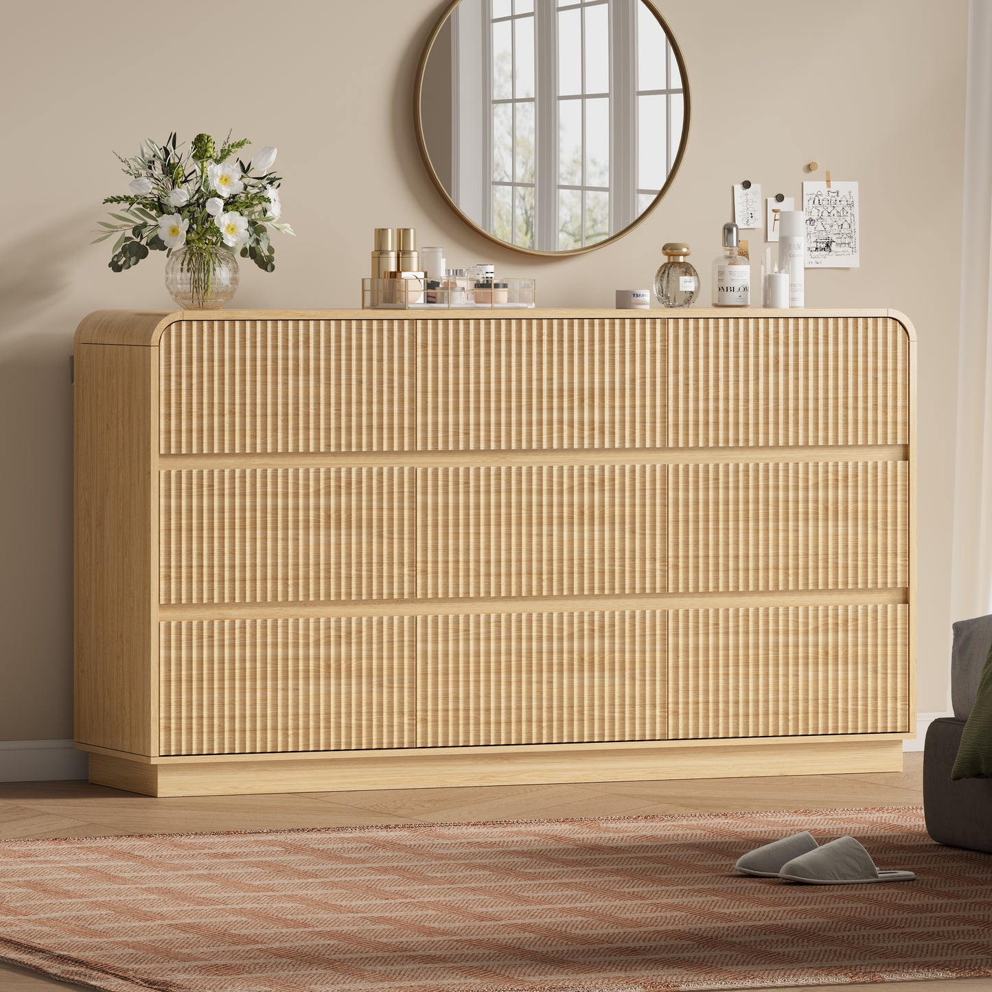 BORNOON Dresser for Bedroom with 9 Drawers, Fluted Chest of Drawers with Round Curved Corner, Hidden Handles, Modern Wood Storage Organizer for Bedroom, Nursery, Living Room