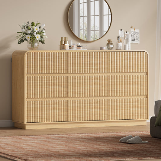 BORNOON Dresser for Bedroom with 9 Drawers, Fluted Chest of Drawers with Round Curved Corner, Hidden Handles, Modern Wood Storage Organizer for Bedroom, Nursery, Living Room