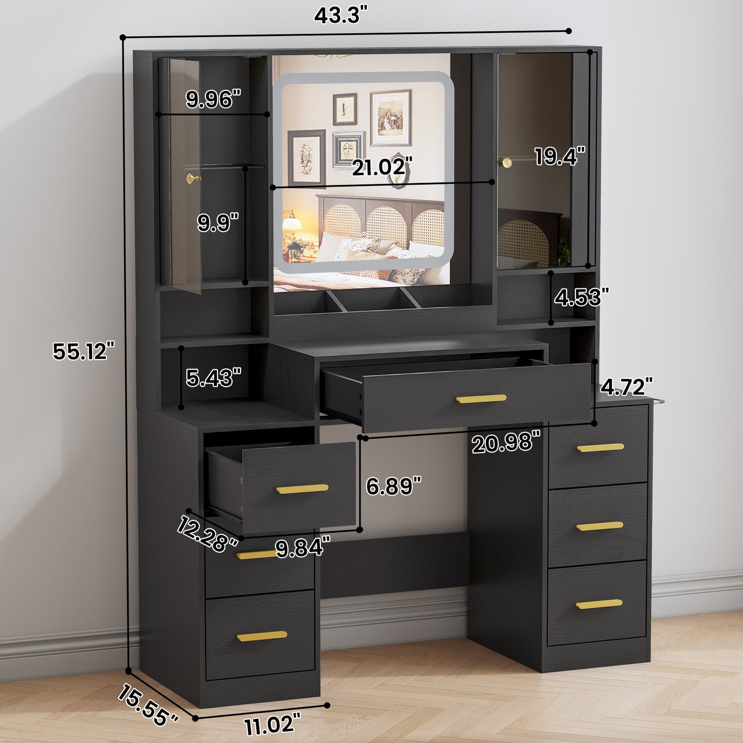 BORNOON Vanity Desk with Mirror and Lights, Makeup Vanity with 7 Drawers, 2 Glass Door Cabinets, Charging Station, Adjustable Shelves, RGB Lighting, Hair Dryer Holder