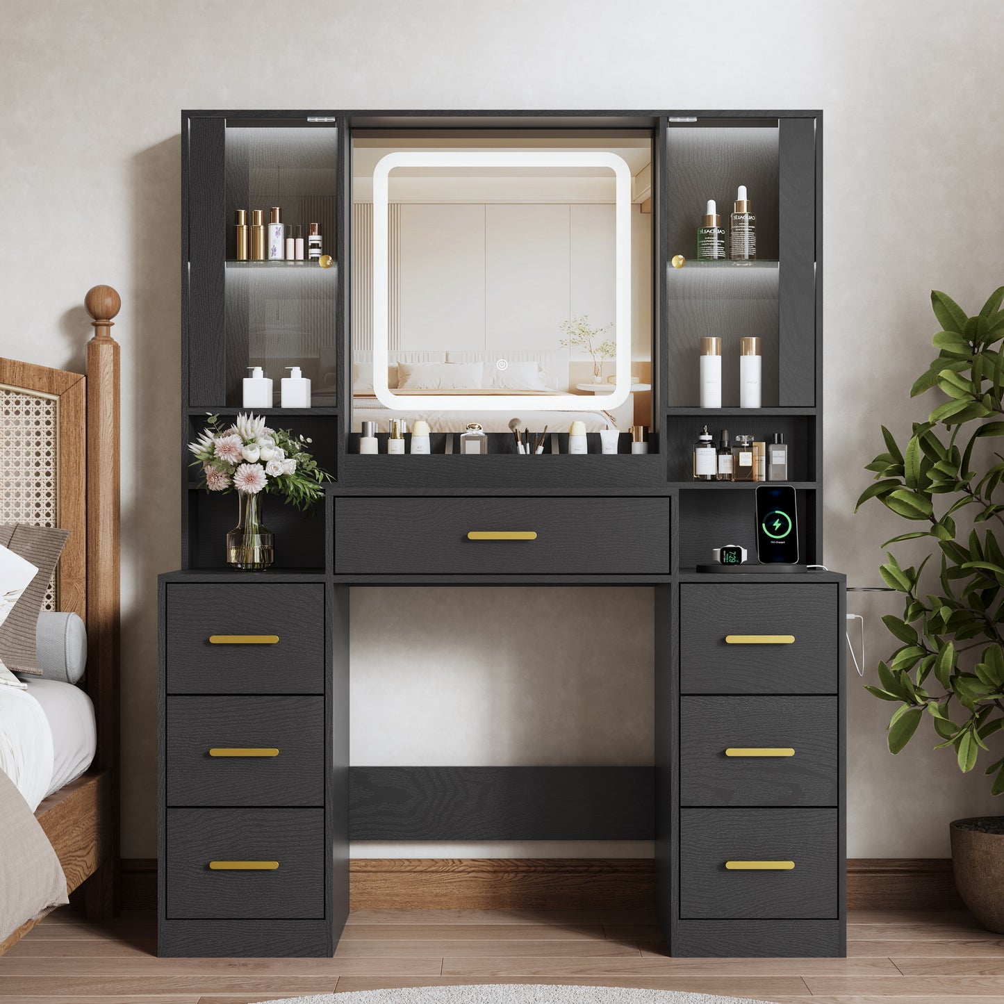 BORNOON Vanity Desk with Mirror and Lights, Makeup Vanity with 7 Drawers, 2 Glass Door Cabinets, Charging Station, Adjustable Shelves, RGB Lighting, Hair Dryer Holder