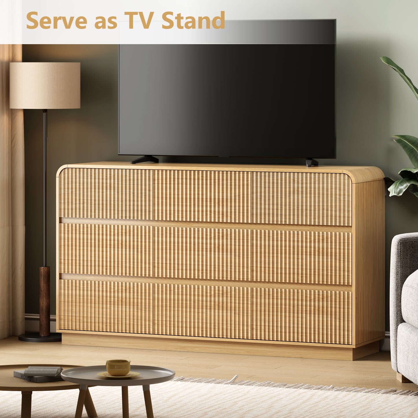 BORNOON Dresser for Bedroom with 9 Drawers, Fluted Chest of Drawers with Round Curved Corner, Hidden Handles, Modern Wood Storage Organizer for Bedroom, Nursery, Living Room