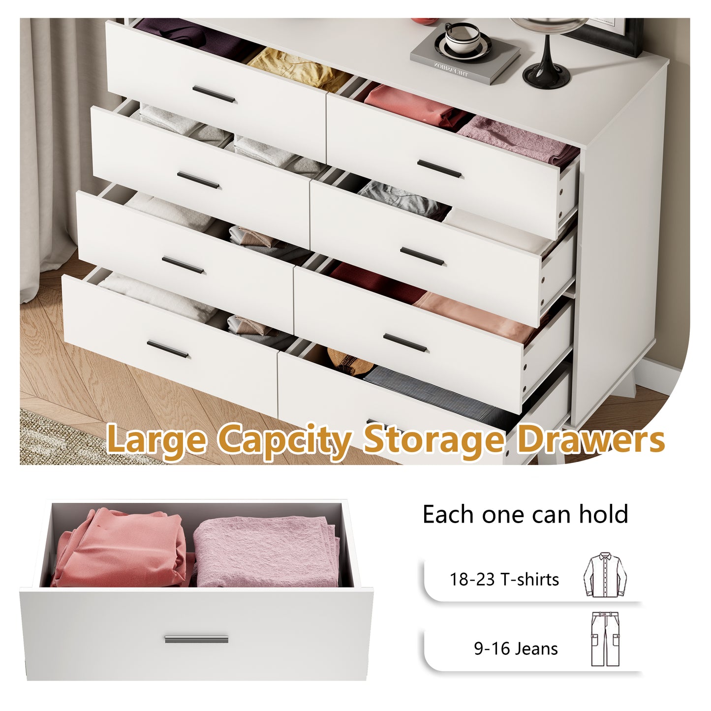 BORNOON Dresser for Bedroom with 8-Drawer, 37" Tall Modern Chest of Drawers with Metal Handles, X-Shape Base & Adjustable Center Leg, Anti-Tip Closet Organizers and Storage