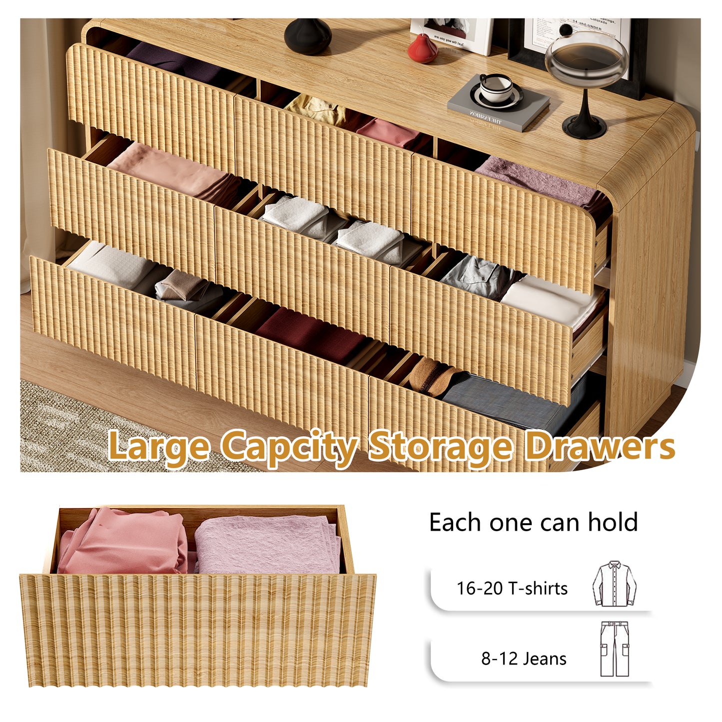 BORNOON Dresser for Bedroom with 9 Drawers, Fluted Chest of Drawers with Round Curved Corner, Hidden Handles, Modern Wood Storage Organizer for Bedroom, Nursery, Living Room