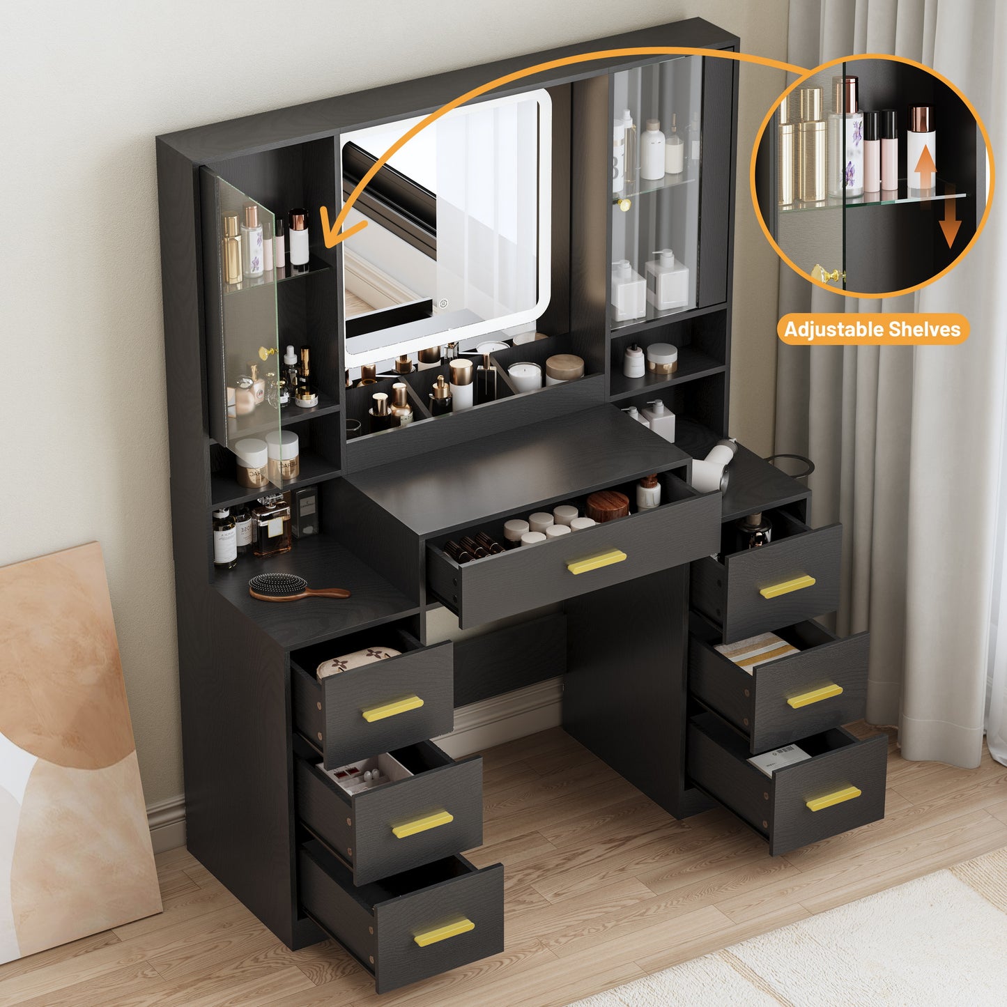 BORNOON Vanity Desk with Mirror and Lights, Makeup Vanity with 7 Drawers, 2 Glass Door Cabinets, Charging Station, Adjustable Shelves, RGB Lighting, Hair Dryer Holder