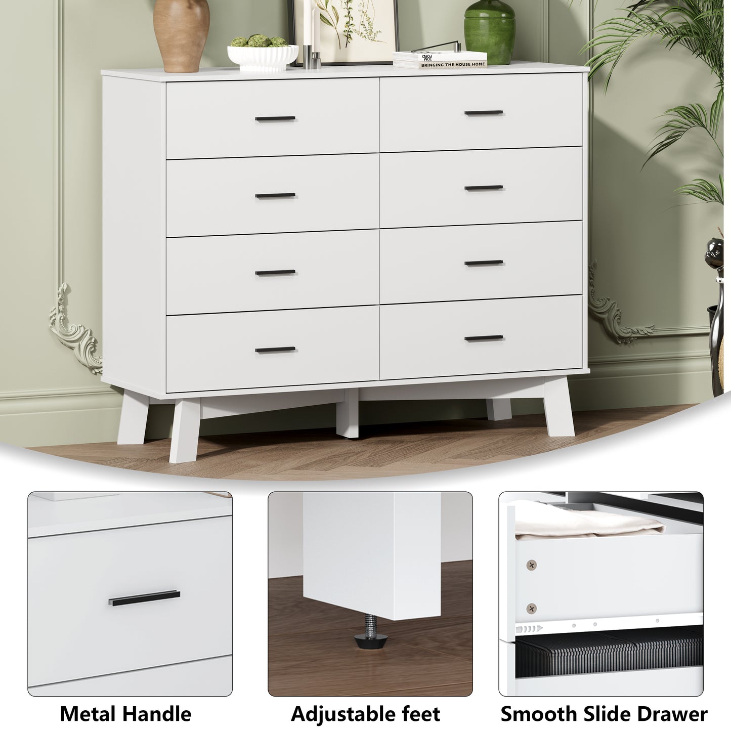 BORNOON Dresser for Bedroom with 8-Drawer, 37" Tall Modern Chest of Drawers with Metal Handles, X-Shape Base & Adjustable Center Leg, Anti-Tip Closet Organizers and Storage