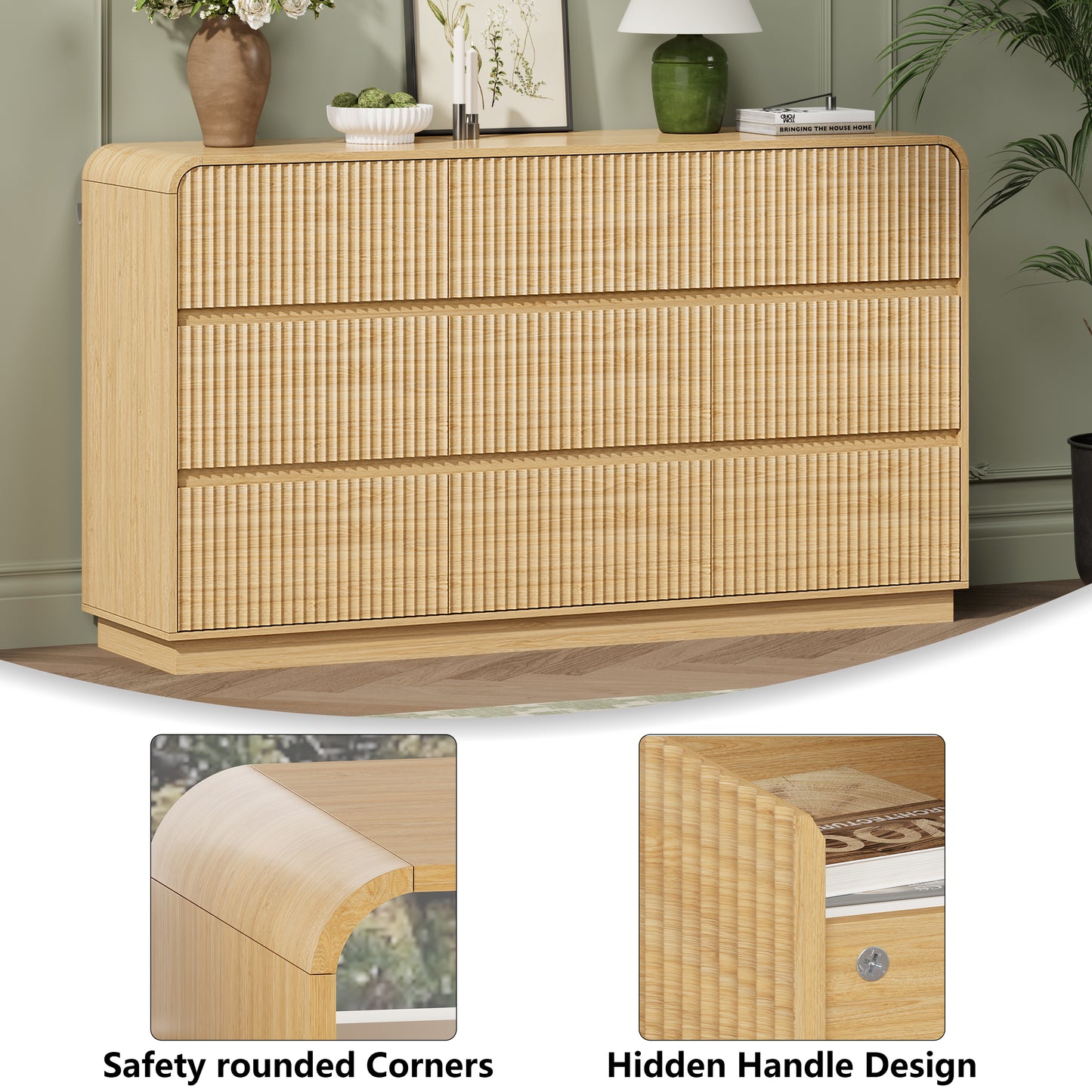 BORNOON Dresser for Bedroom with 9 Drawers, Fluted Chest of Drawers with Round Curved Corner, Hidden Handles, Modern Wood Storage Organizer for Bedroom, Nursery, Living Room