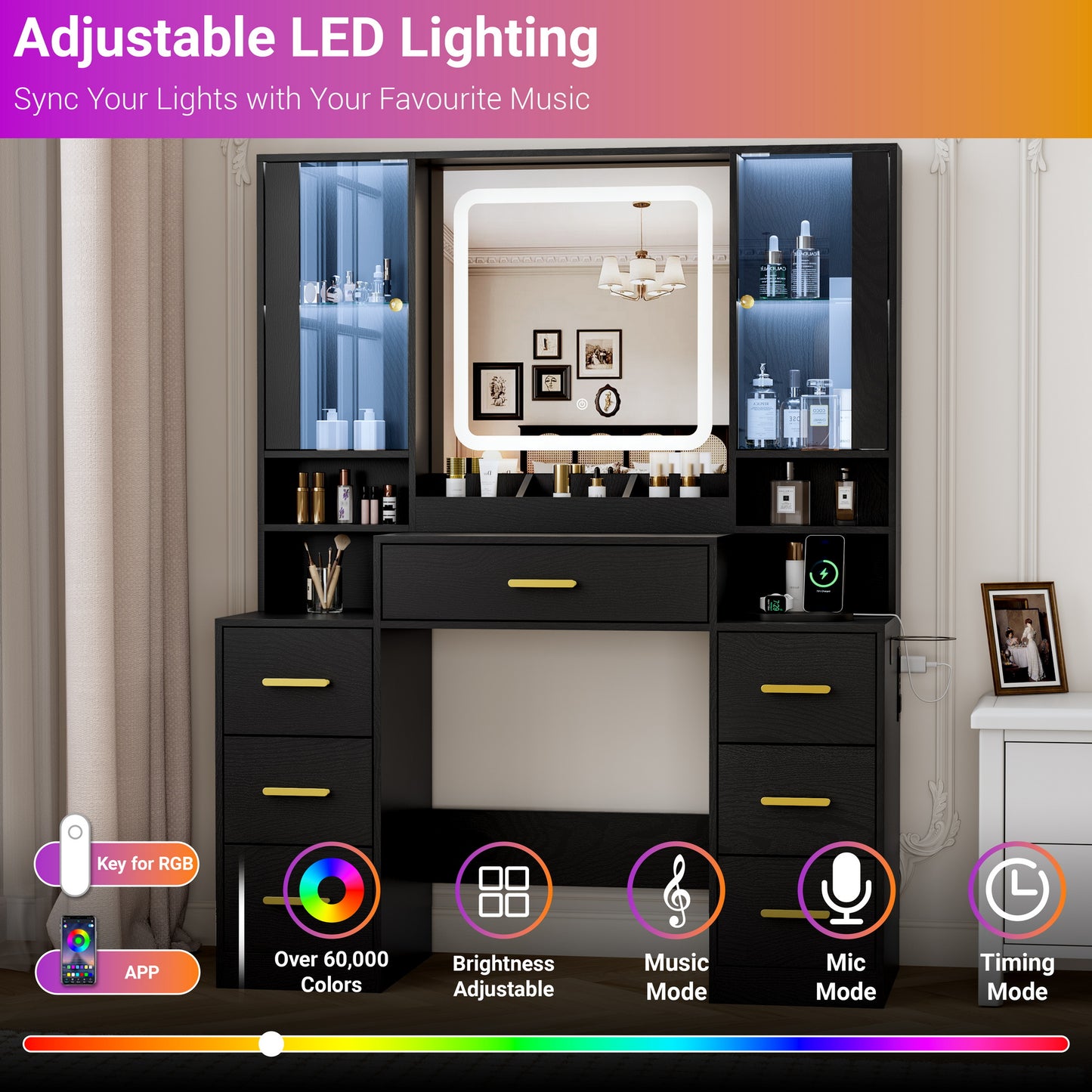 BORNOON Vanity Desk with Mirror and Lights, Makeup Vanity with 7 Drawers, 2 Glass Door Cabinets, Charging Station, Adjustable Shelves, RGB Lighting, Hair Dryer Holder