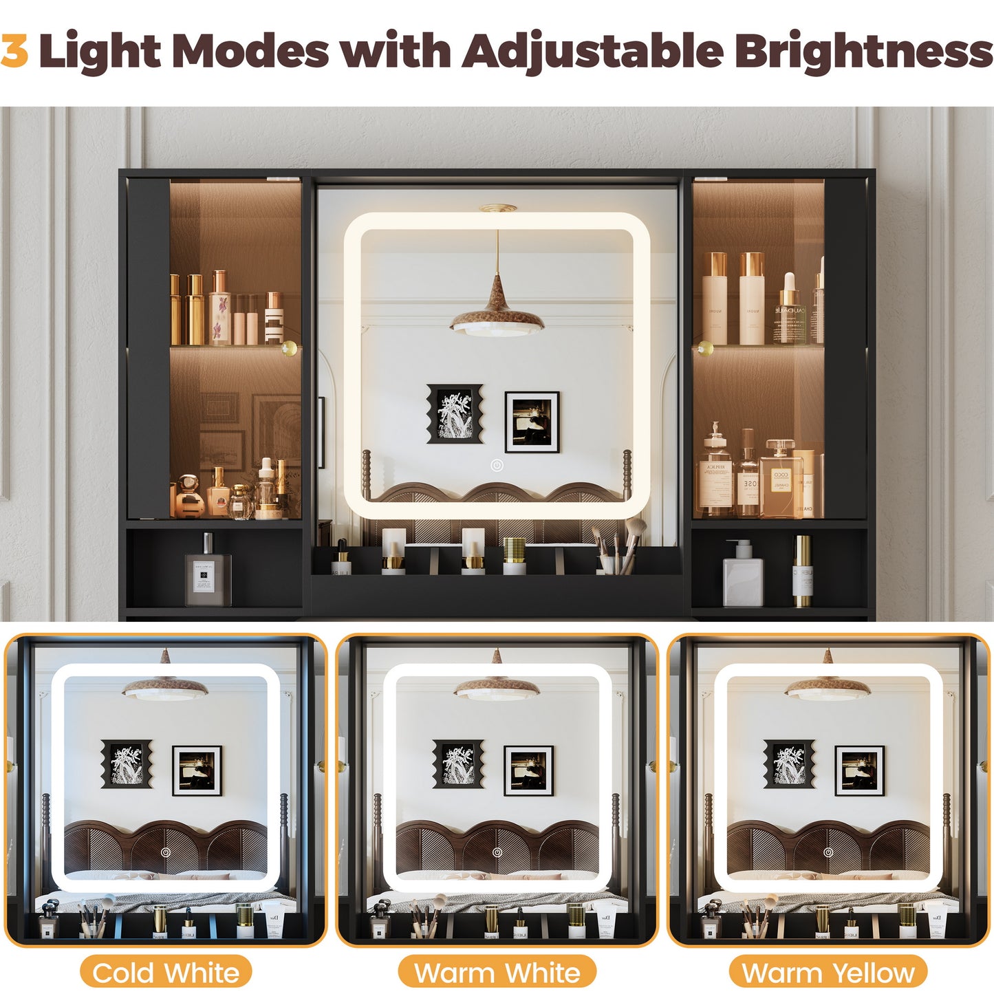 BORNOON Vanity Desk with Mirror and Lights, Makeup Vanity with 7 Drawers, 2 Glass Door Cabinets, Charging Station, Adjustable Shelves, RGB Lighting, Hair Dryer Holder