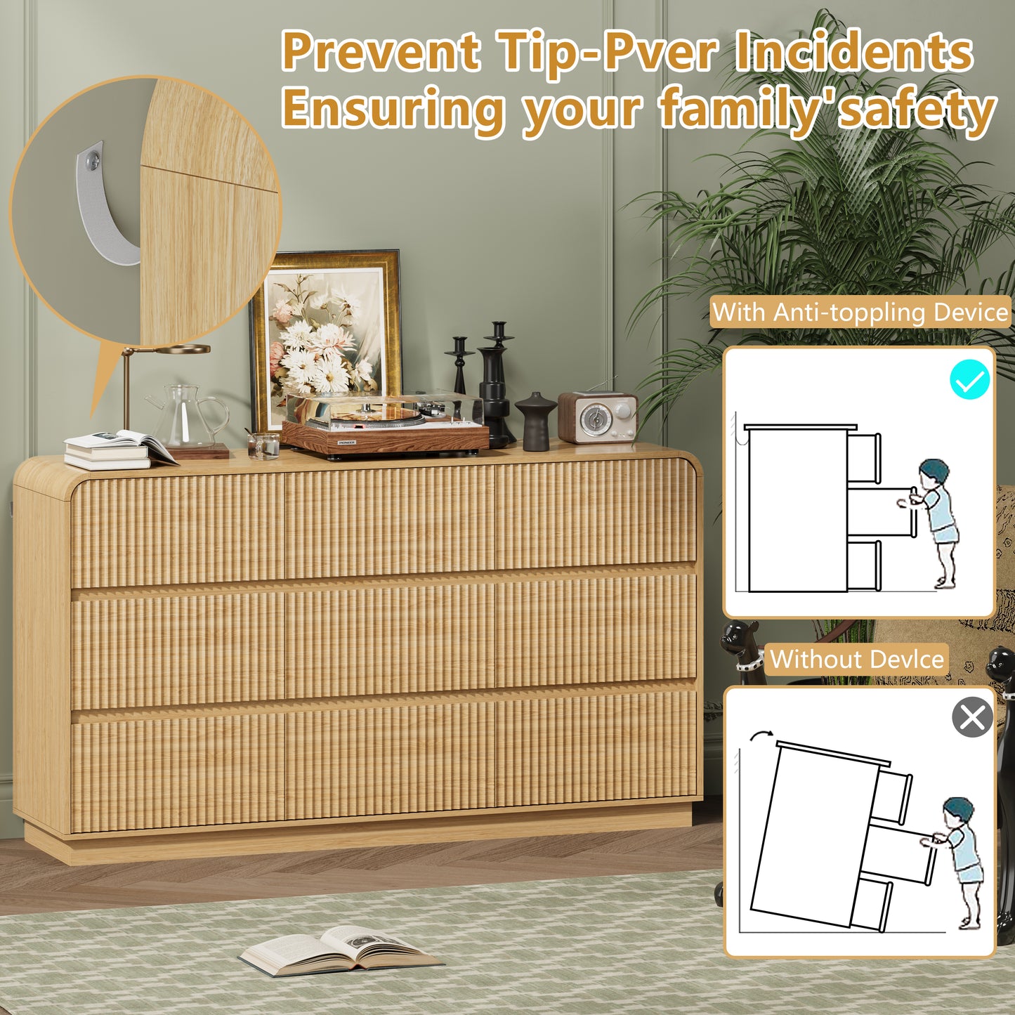 BORNOON Dresser for Bedroom with 9 Drawers, Fluted Chest of Drawers with Round Curved Corner, Hidden Handles, Modern Wood Storage Organizer for Bedroom, Nursery, Living Room