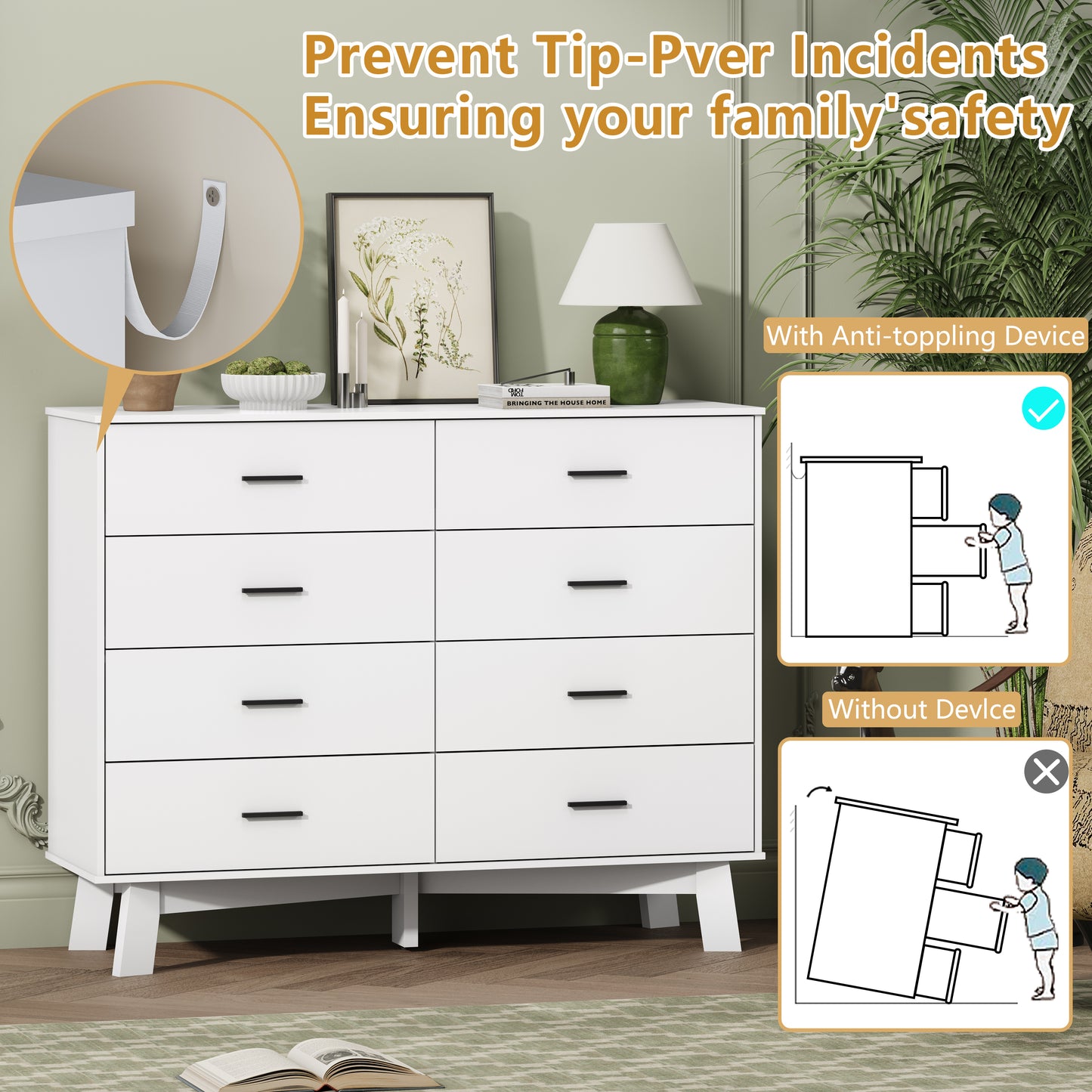 BORNOON Dresser for Bedroom with 8-Drawer, 37" Tall Modern Chest of Drawers with Metal Handles, X-Shape Base & Adjustable Center Leg, Anti-Tip Closet Organizers and Storage