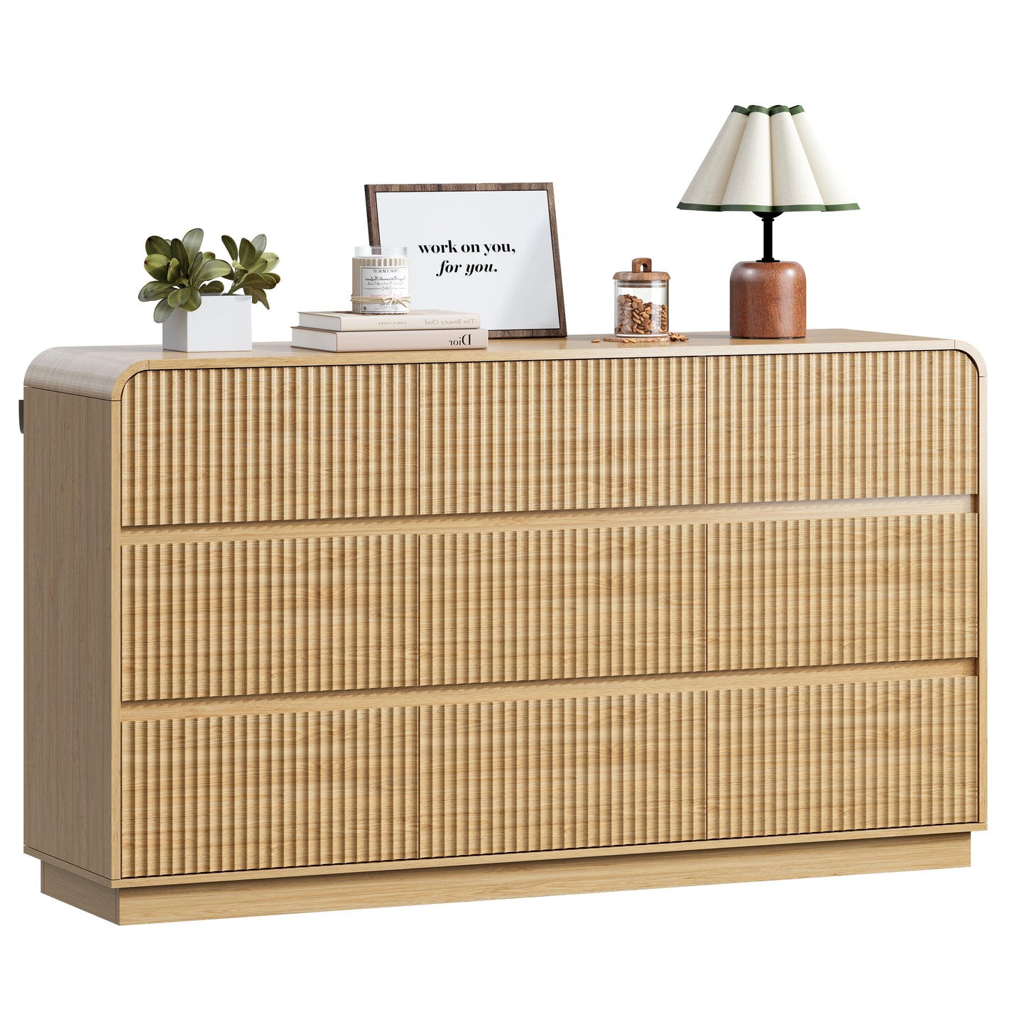 BORNOON Dresser for Bedroom with 9 Drawers, Fluted Chest of Drawers with Round Curved Corner, Hidden Handles, Modern Wood Storage Organizer for Bedroom, Nursery, Living Room