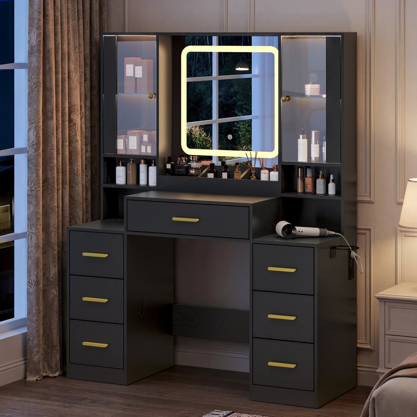 BORNOON Vanity Desk with Mirror and Lights, Makeup Vanity with 7 Drawers, 2 Glass Door Cabinets, Charging Station, Adjustable Shelves, RGB Lighting, Hair Dryer Holder