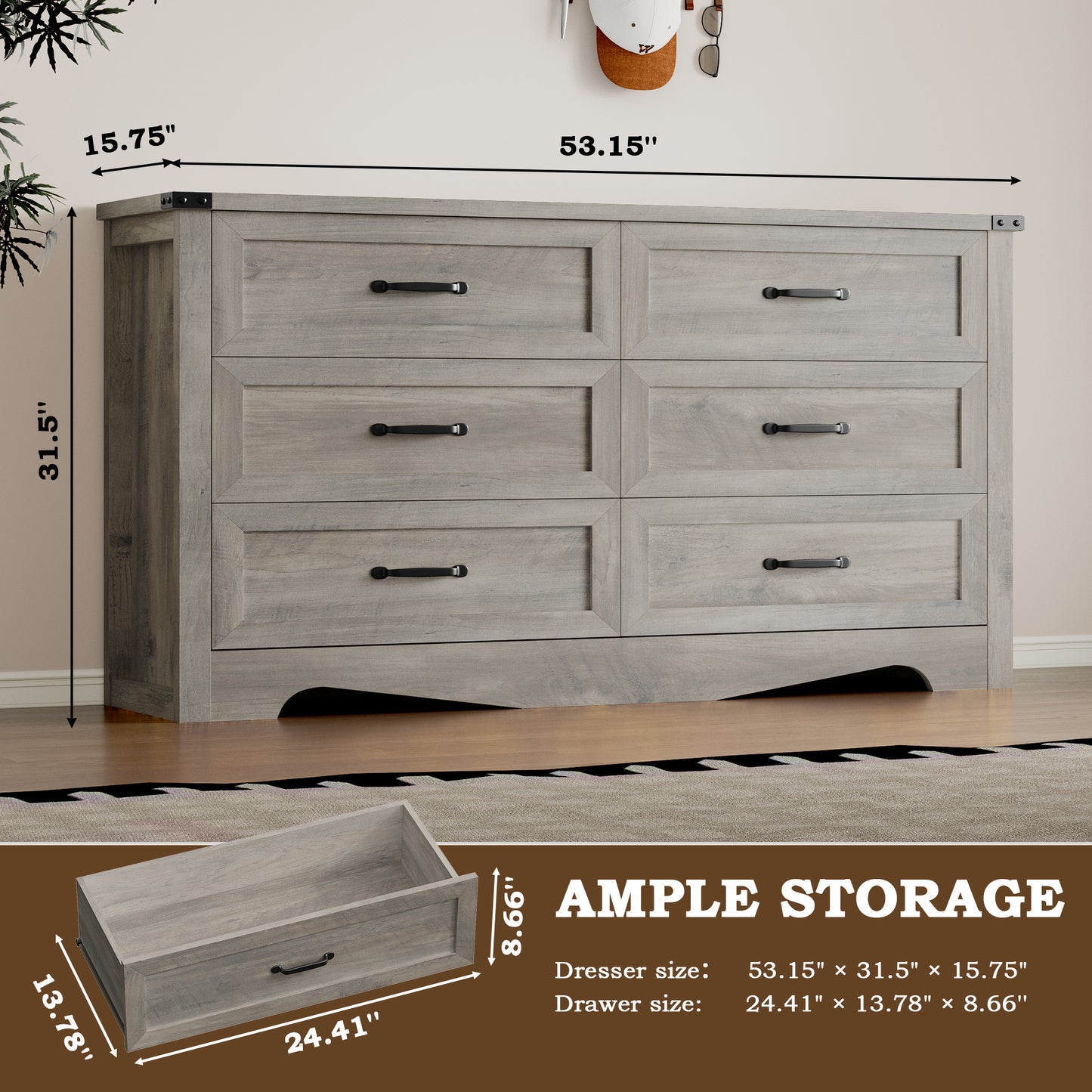BORNOON 6-Drawer Dresser for Bedroom, Modern Wooden Chest of Drawers with Metal Handles, Anti-Tipping Design, Sturdy and Stable Storage Organizer for Living Room, Entryway, Home Office